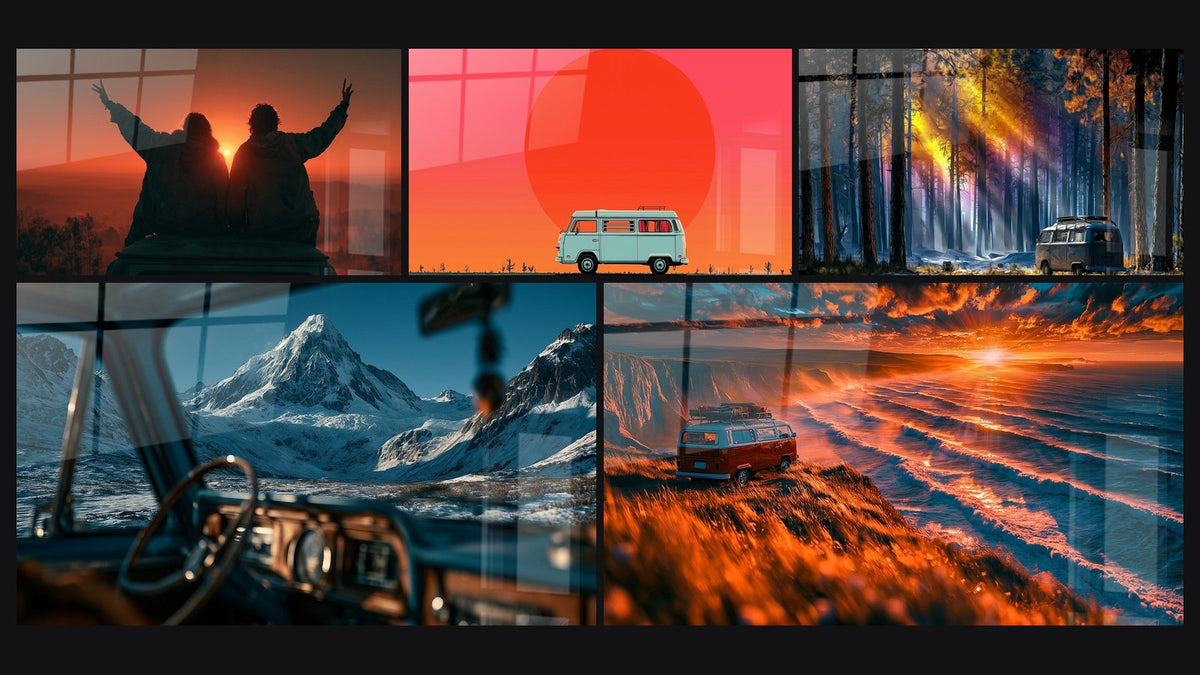 Mosaïque de cinq tableaux, dont Couple sur van orange et noir et Van rouge sur falaise au coucher de soleil