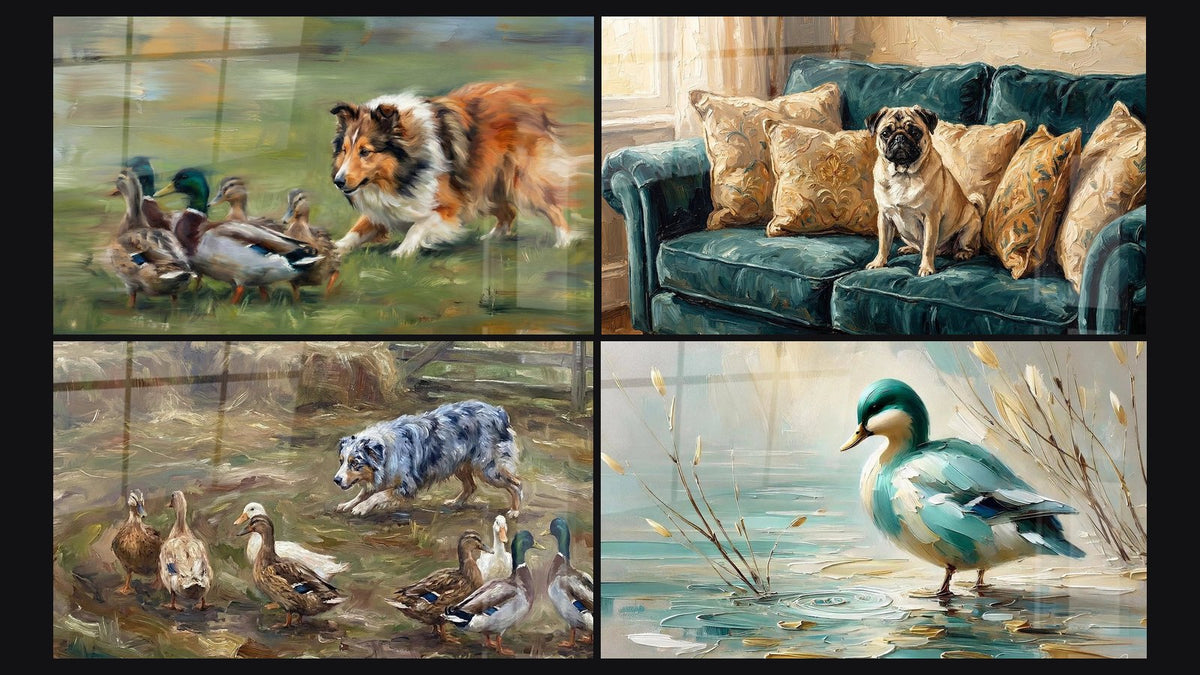 Mosaico de cuatro cuadros, entre ellos Pastor de Shetland Persiguiendo Patos y Oda al Pato