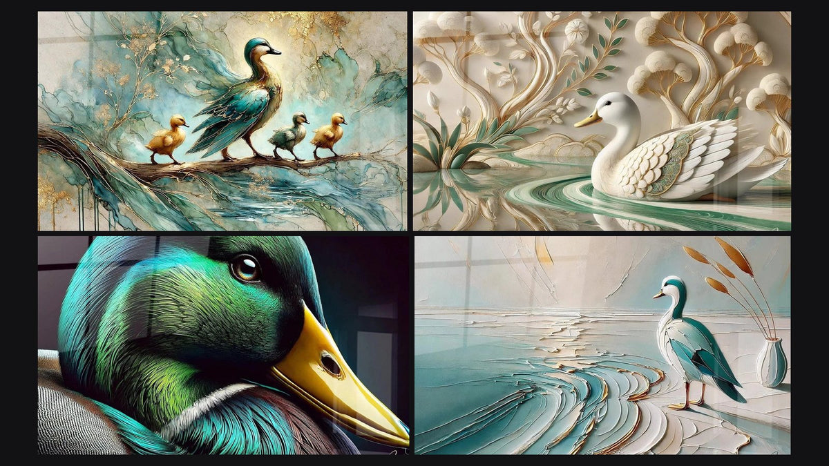 Mosaïque de quatre tableaux, dont Balade en Famille, Dans les Eaux Paisibles et Grâce du Canard