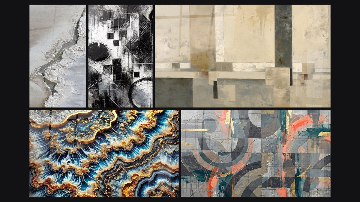 Mosaico de cinco cuadros, entre ellos Marea Dorada, Fragmentos del Absoluto y Composición geométrica beige y gris