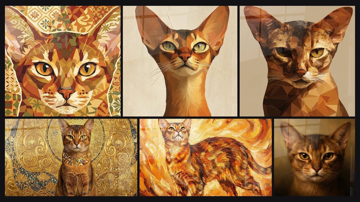 Mosaïque de six tableaux, dont Chat Abyssin Mosaïque, Chat Abyssin Portrait Artistique et Chat Abyssin Doré Byzantine