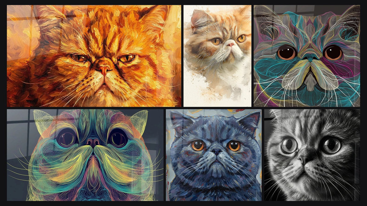 Mosaïque de six tableaux, dont Chat Exotic Shorthair Portrait et Chat Exotic Shorthair Abstrait