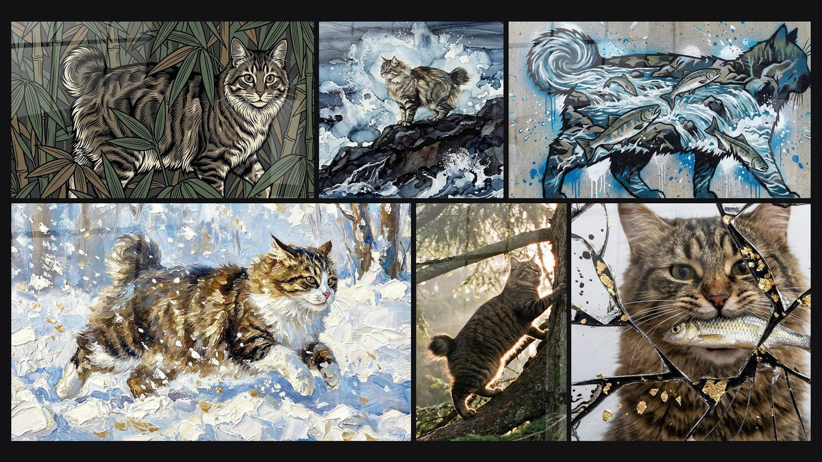 Mosaïque de six tableaux, dont Chat dans Bambouseraie, Chat dans la Neige et Chat Kurilian Bobtail Grimpeur
