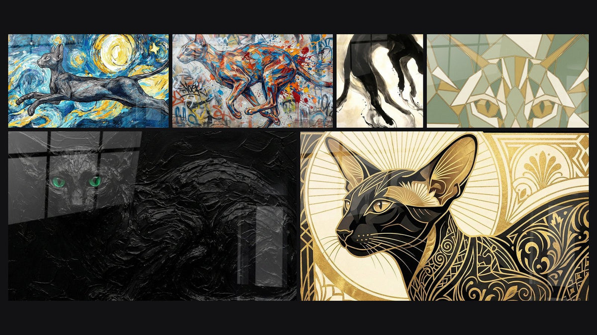 Mosaïque de six tableaux, dont Chat Oriental Shorthair Nuit Étoilée et Chat Oriental Shorthair Street Art