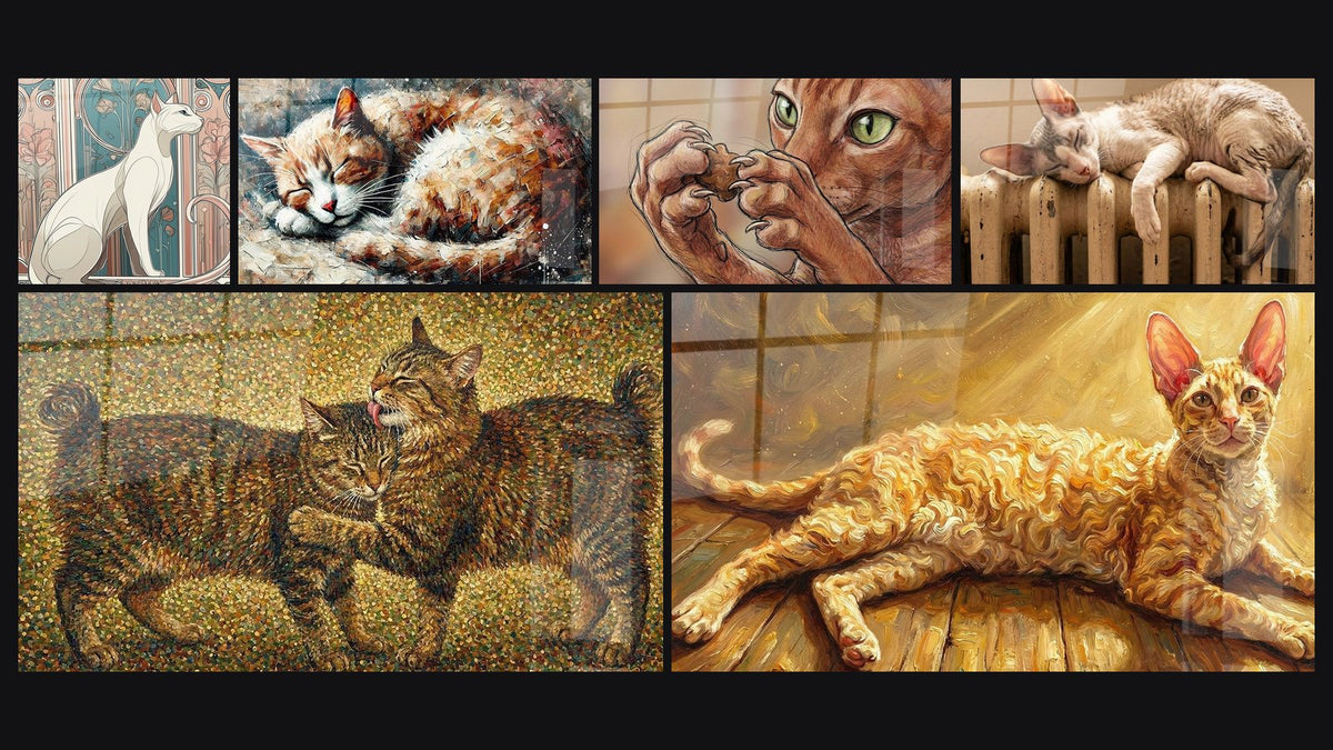Mozaïek van zes schilderijen, waaronder Kat Art Nouveau, Katten Pointillisme en Gestructureerde Dromen
