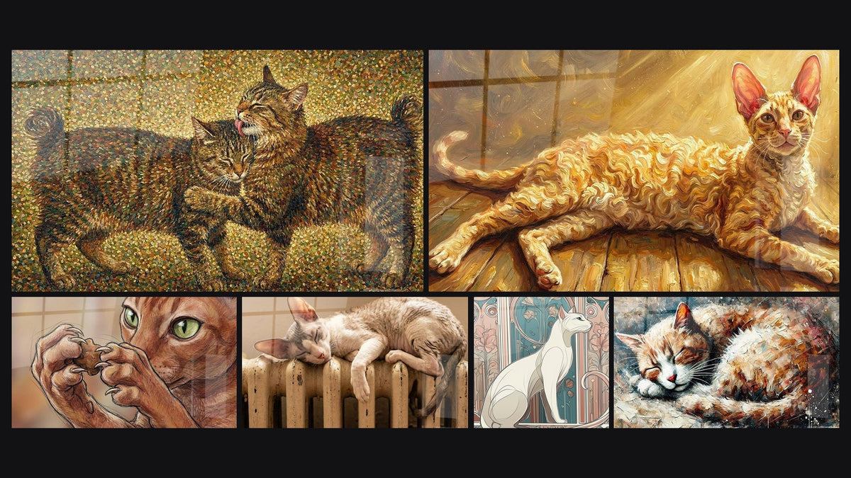 Mosaïque de six tableaux, dont Chats Pointillisme, Chat Cornish Rex aux Yeux Verts et Chat Cornish Rex Doré au Soleil