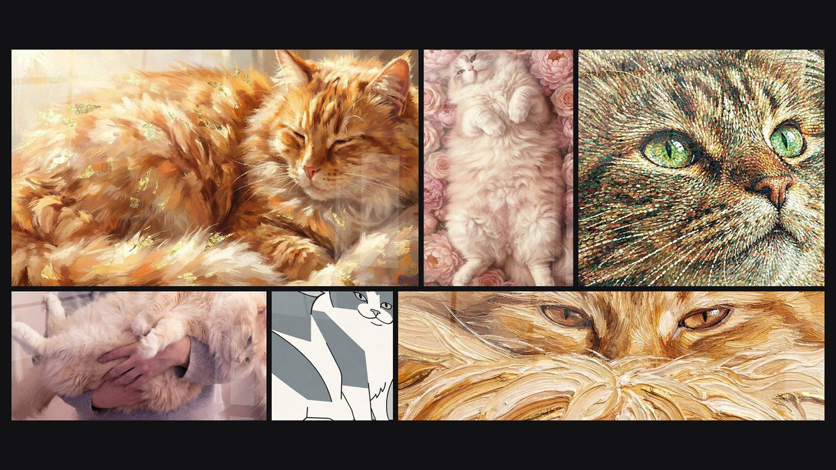 Mosaïque de six tableaux, dont Chat Ragamuffin Endormi, Chat Ragamuffin Tendresse et Chat Ragamuffin aux Pivoines Roses