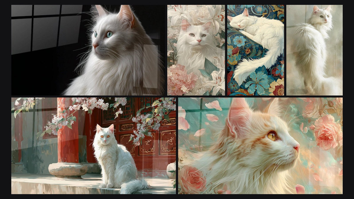Mosaïque de six tableaux, dont Chat Turkish Angora blanc aux yeux bleus et Chat Turkish Angora Temple Asiatique