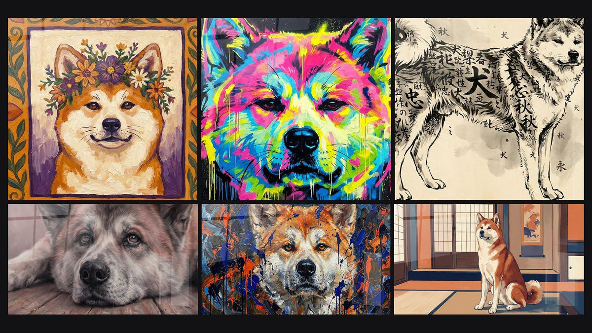 Mosaïque de six tableaux, dont Chien aux Couleurs Éclatantes et Chien Allongé aux Tons Chauds