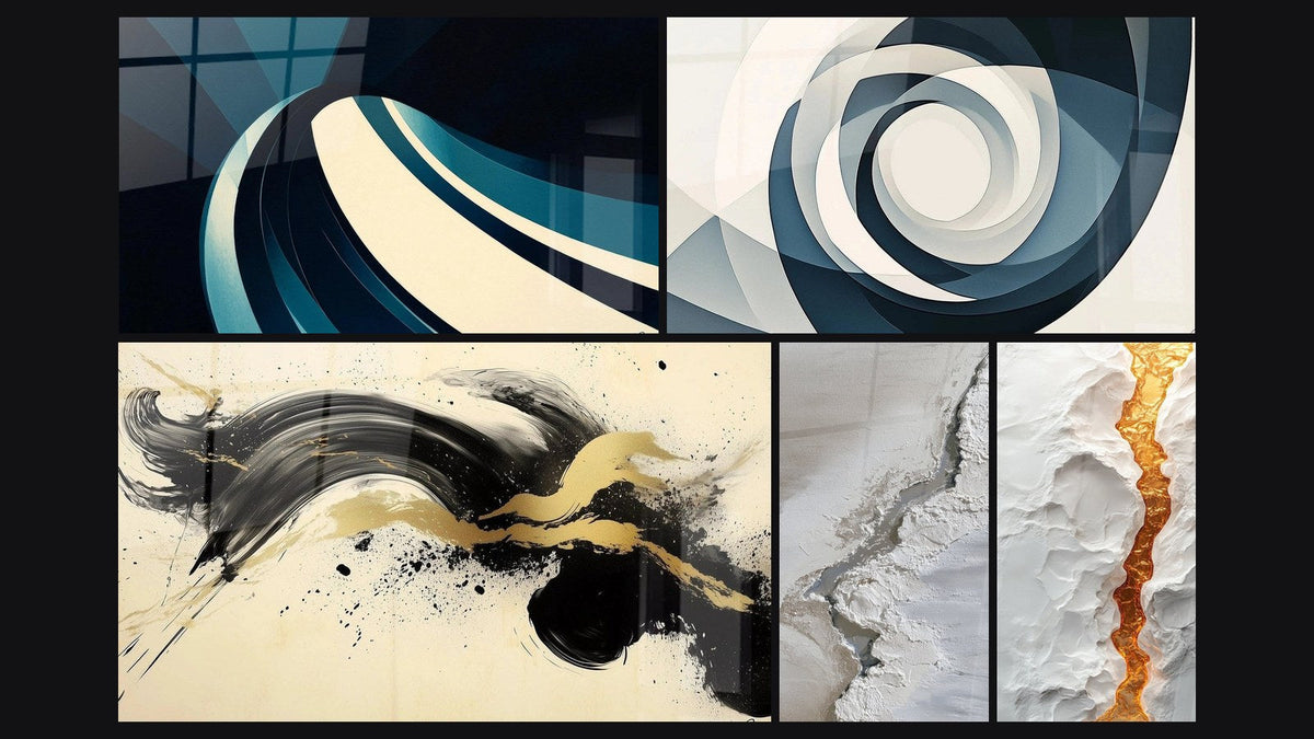 Mosaïque de cinq tableaux, dont Onde spiralée moderne, Vortex Azur et Élan Passionné Noir