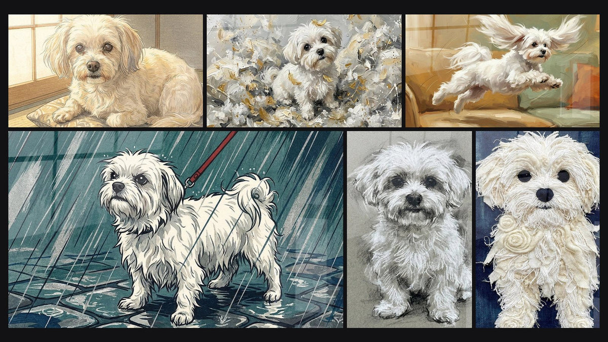 Mosaïque de six tableaux, dont Chien Crème aux Yeux Tendres sur Coussin et Portrait de Chien aux Tons Pastel