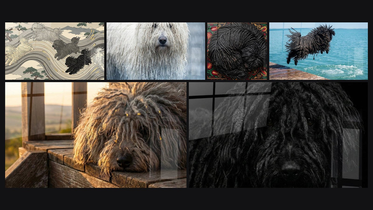 Mosaïque de six tableaux, dont Chiens Puli dans les Vagues Stylisées et Chien Blanc aux Longs Poils sous la Pluie