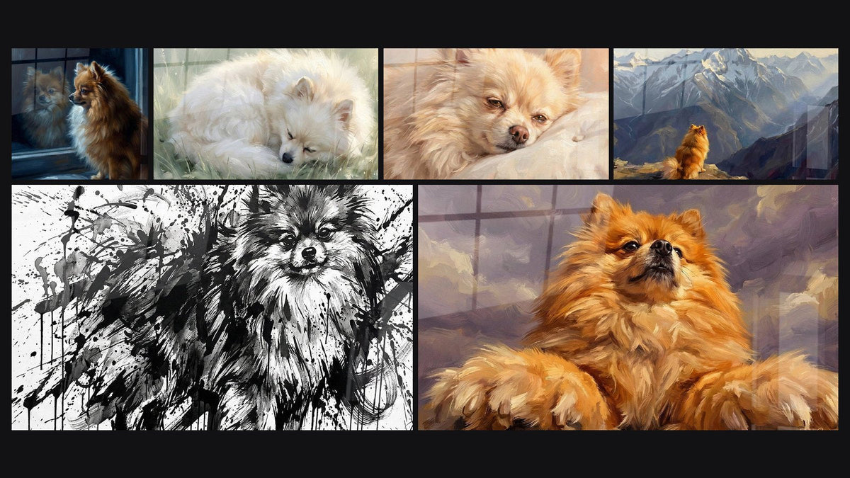 Mosaïque de six tableaux, dont Chien Roux à la Fenêtre avec Reflet et Spitz Poméranien aux Tons Dorés Endormi