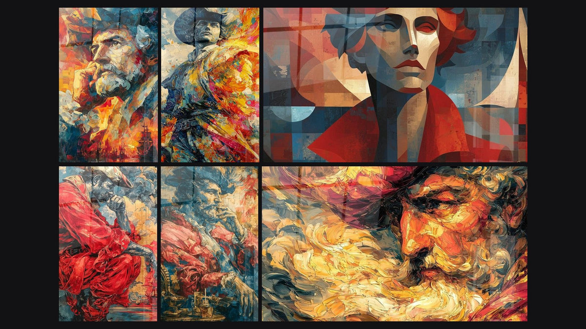 Mosaico de seis cuadros, entre ellos Cristóbal Colón Llama de la Historia y Cristóbal Colón Mirada Conquistador