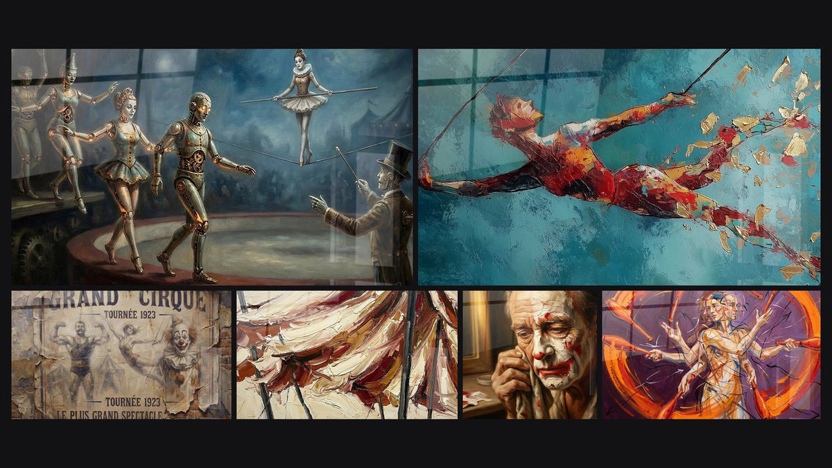 Mosaïque de six tableaux, dont Automates de Cirque, Vintage Cirque et Chapiteau en Mouvement