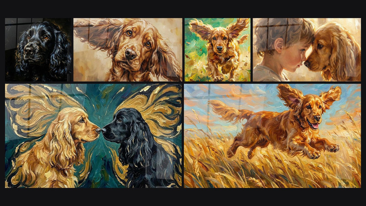 Mosaic of six paintings, including Running Dog in a Golden Field and Child and Dog Wall Art Golden Tones