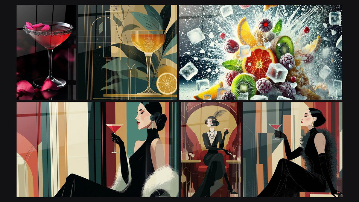 Mosaïque de six tableaux, dont Cocktail N°1, Cocktail Art Déco et Cocktail Glacial