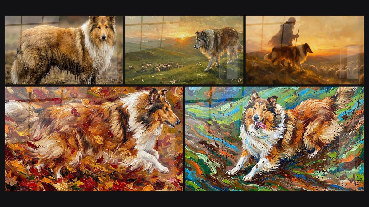 Mosaïque de cinq tableaux, dont Chien Fauve au Pelage Boueux et Chien Collie dans les Feuilles d'Automne