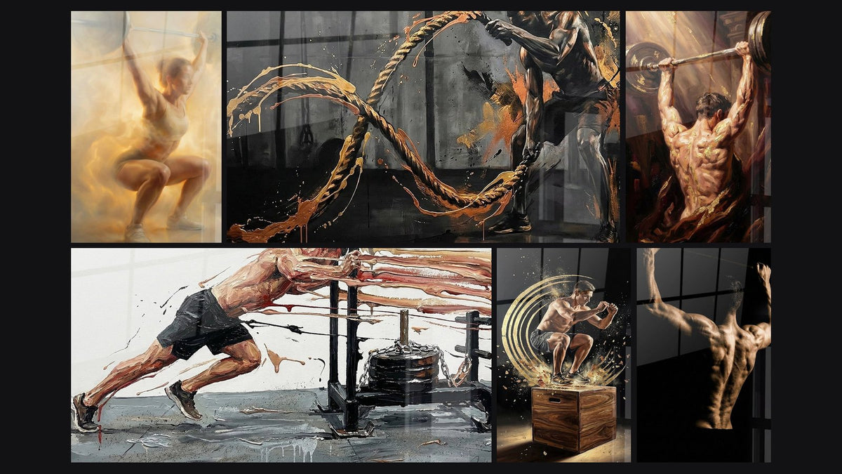 Mosaïque de six tableaux, dont Athlète Crossfit, Sled Push Crossfit et Crossfit Corde Ondulatoire