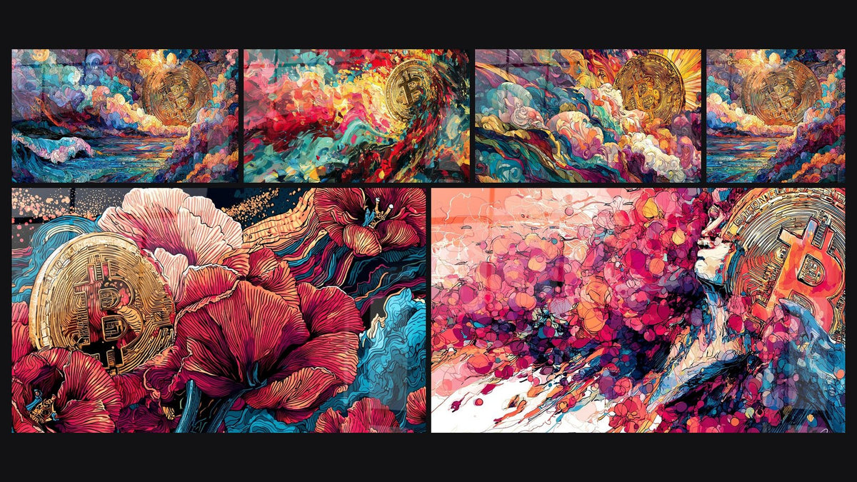 Mosaico di sei quadri, tra cui Onda oceanica dorata e turchese e Pezzo d'oro nel vortice rosso turchese