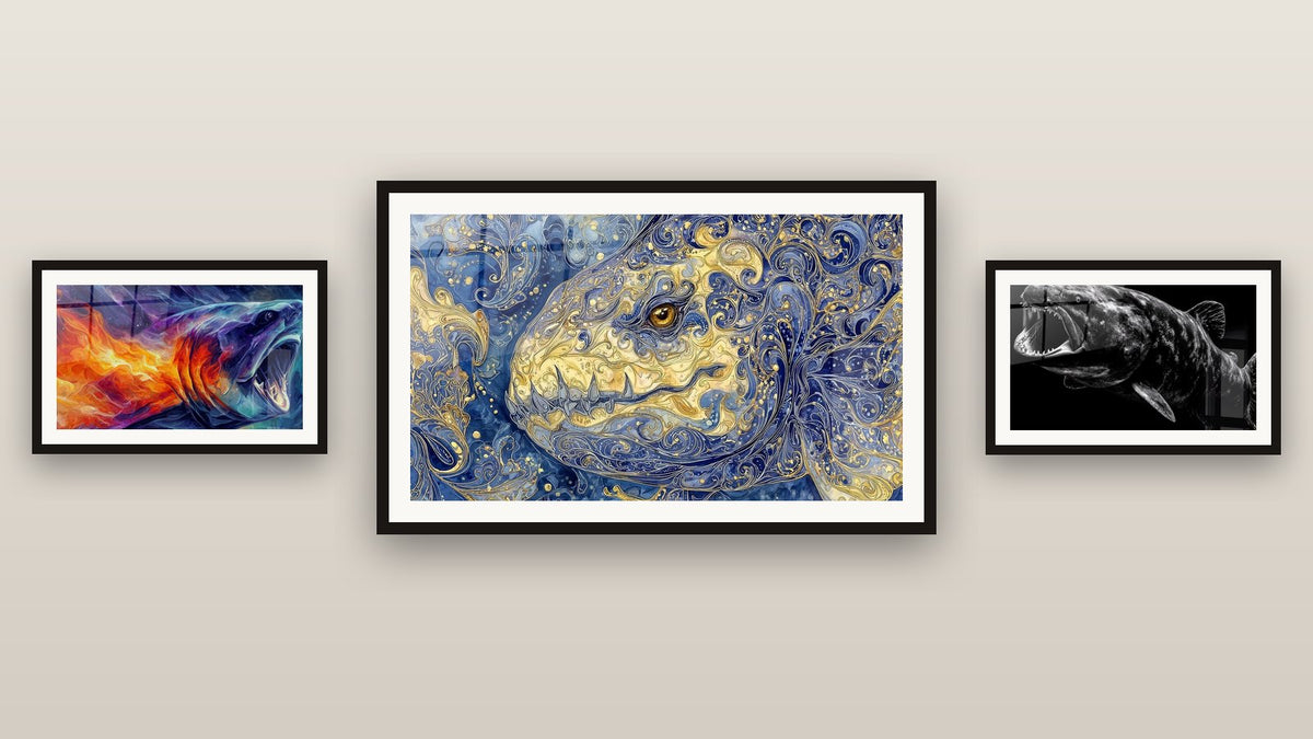 Gallery wall with three framed paintings: Dunkleosteus Black and White, Dunkleosteus Cosmic Flames and Dunkleosteus Ornate