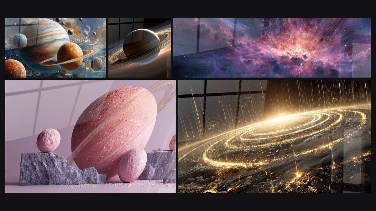 Mosaïque de cinq tableaux, dont Planètes système solaire, Planète rose avec anneaux et Saturne et ses anneaux