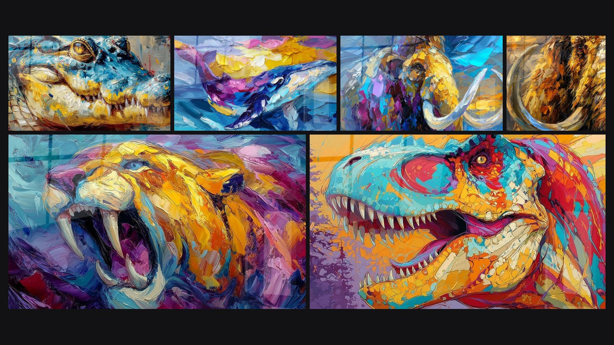 Mosaïque de six tableaux, dont Crocodile Expressionniste, Baleine Colorée et Smilodon rugissant