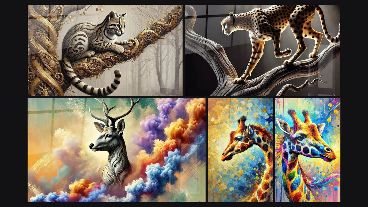 Mosaïque de cinq tableaux, dont Grâce et Ornement, Équilibre Sauvage et Girafe en Aquarelle