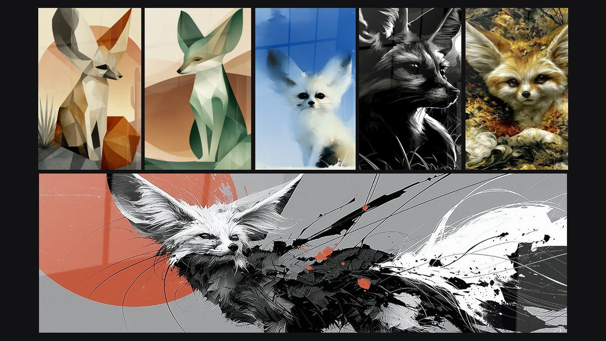 Mosaïque de six tableaux, dont Fennec géométrique vert et beige assis et Fennec blanc aux grandes oreilles bleutées