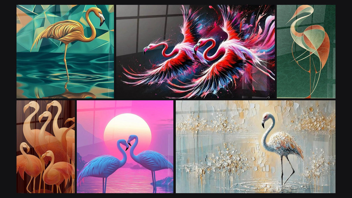 Mosaïque de six tableaux, dont Flamant élégance cubiste, Flammes du Ciel et Flamants Roses