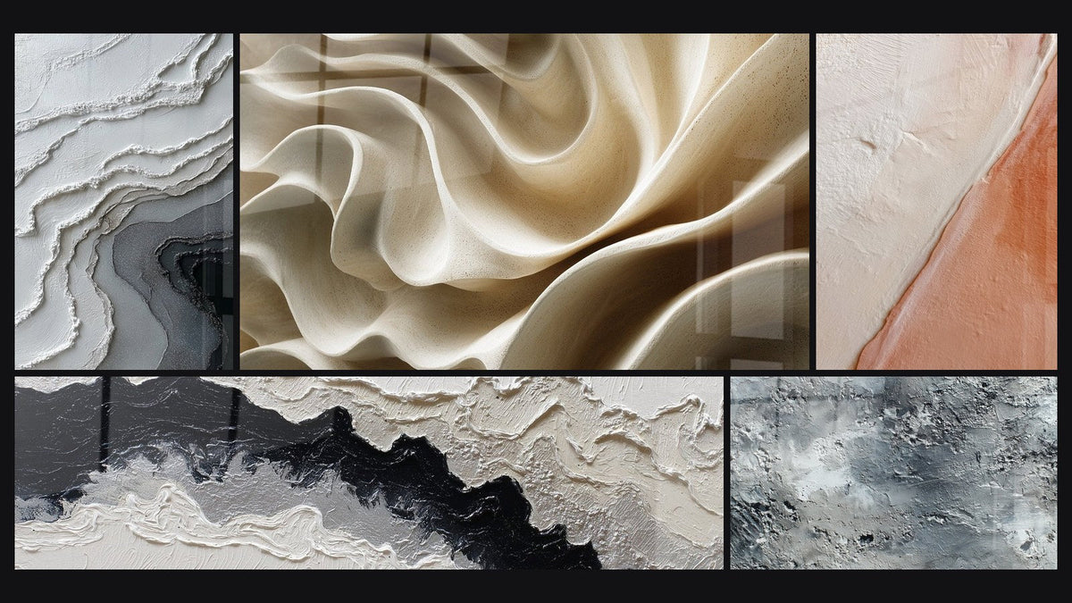 Mosaïque de cinq tableaux, dont Abstrait gris argenté texturé et Diagonale texturée blanc cassé et brique