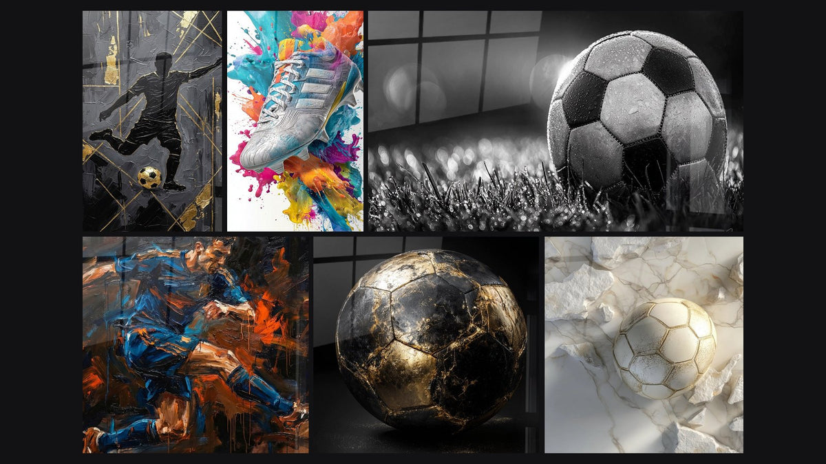 Mosaik aus sechs Gemälden, darunter Fußballspieler in Aktion, Fußball-Ballon auf Spielfeld und Goldener Fußball
