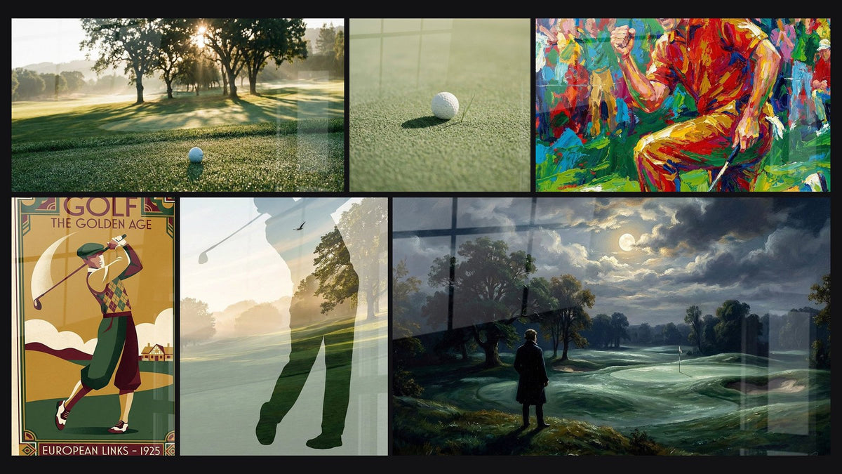 Mosaïque de six tableaux, dont Lever de Soleil Golf, Balle de Golf sur Green et Golf Vintage