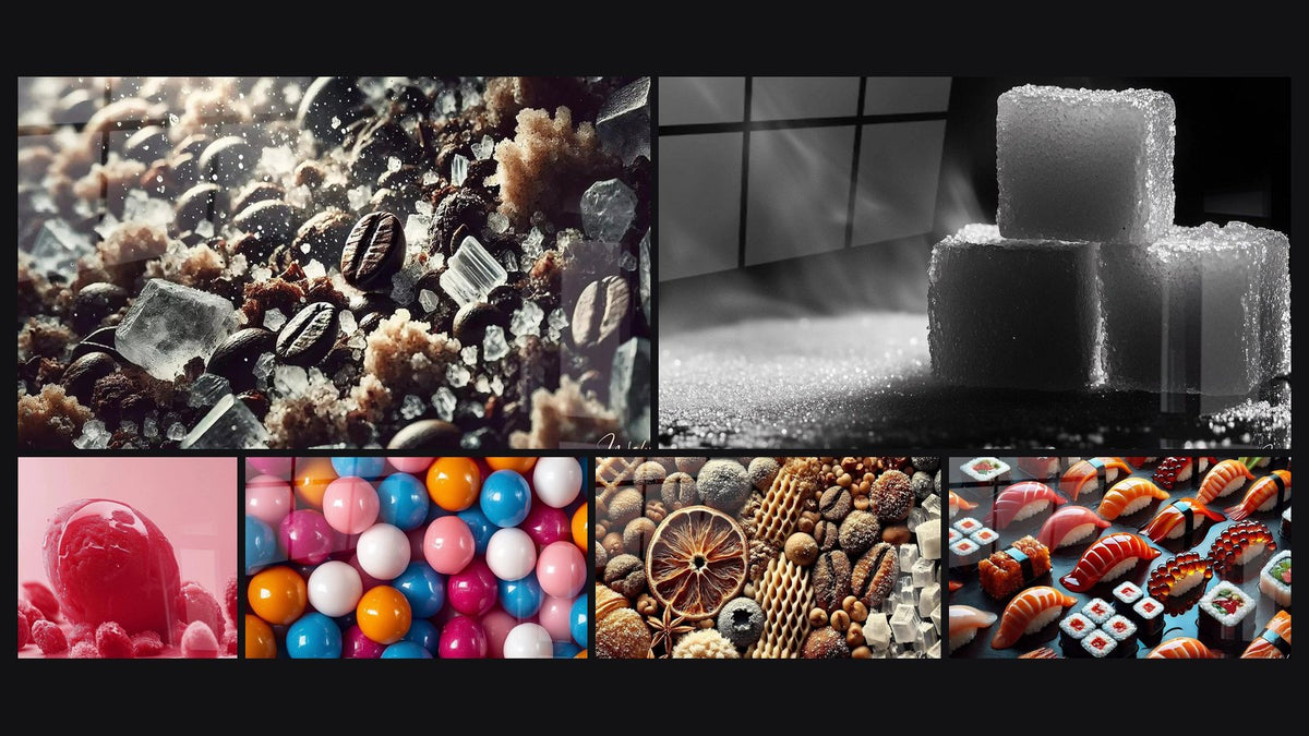 Mosaïque de six tableaux, dont Éclats Gourmands, Sucre N°1 et Glace N°2