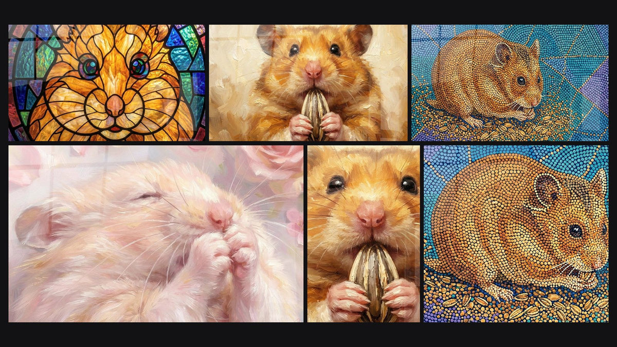 Mosaïque de six tableaux, dont Hamster Endormi aux Tons Roses et Dorés