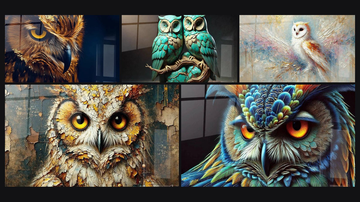 Mosaïque de cinq tableaux, dont Hibou maître du crépuscule, L’âme du Bois et Hibou du Passé