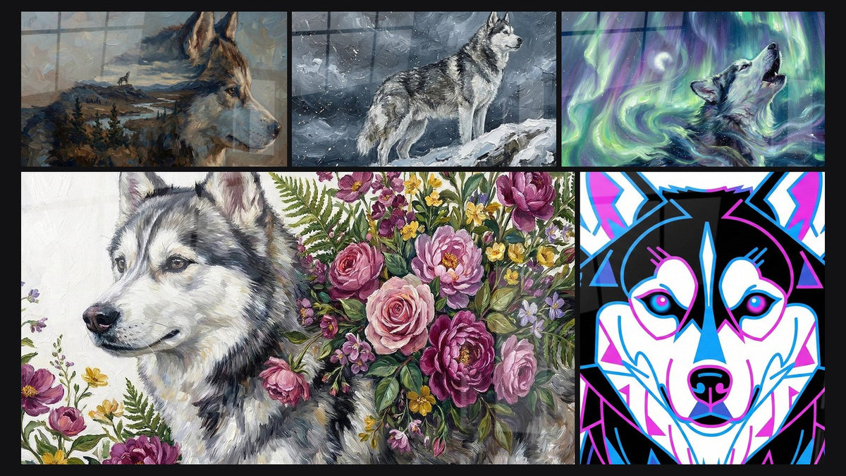 Mosaïque de cinq tableaux, dont Husky aux Yeux Bleus Style Géométrique