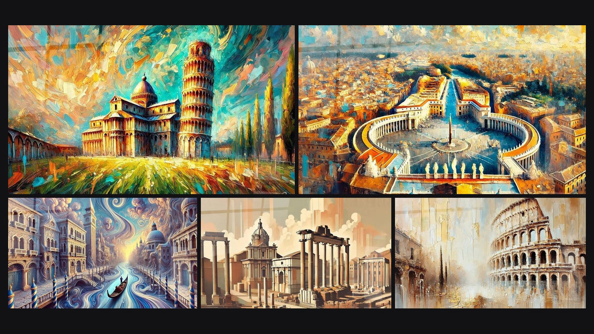 Mosaik aus fünf Gemälden, darunter Schiefer Turm von Pisa Nr. 1, Rom Nr. 1 und Italien Nr. 1