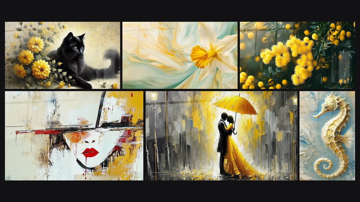 Mosaïque de six tableaux, dont Douceur en Jaune, Narcisse N°3 et Mimosa N°1