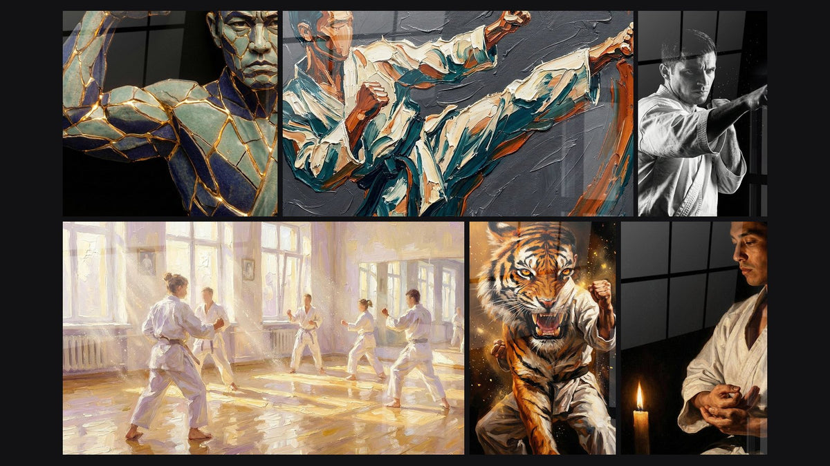 Mozaika sześciu obrazów, w tym Wojownika Mozaika, Dojo Karate i Karateka w Akcji