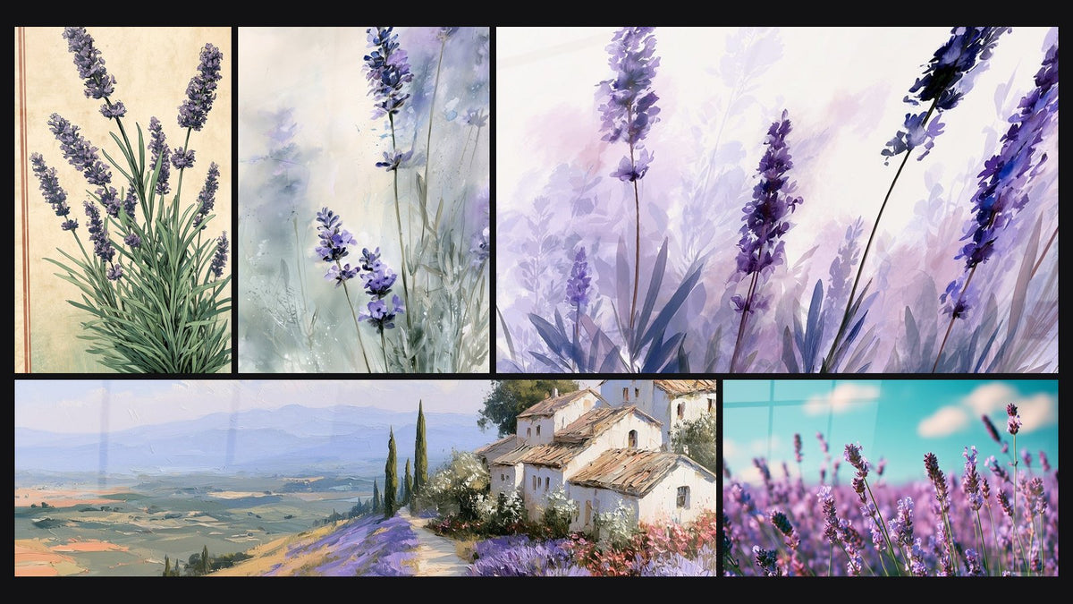 Mosaïque de cinq tableaux, dont Brins de lavande mauve et vert tendre et Hameau provençal aux teintes mauve et ocre