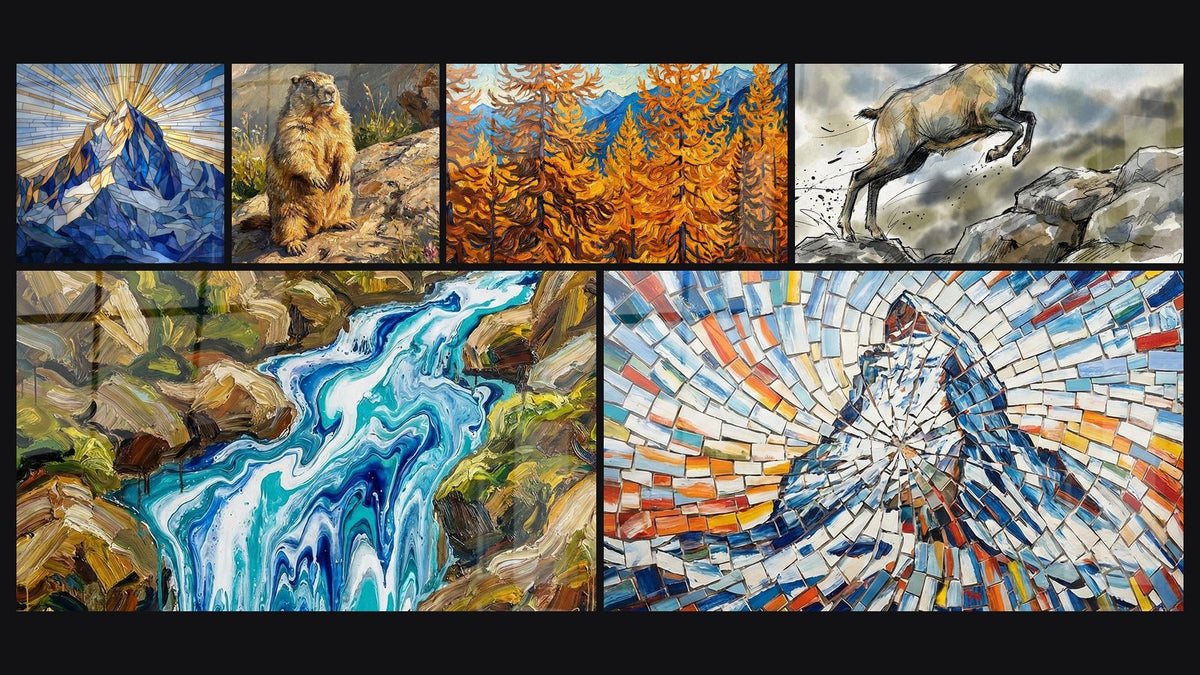 Mosaïque de six tableaux, dont Montagne Mosaïque, Marmotte des Alpes et Mélèzes d'Automne