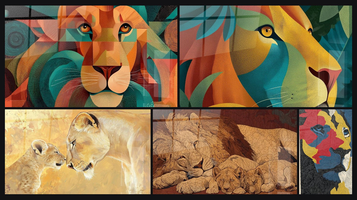 Mosaïque de cinq tableaux, dont Lionne Lien éternel et Lion Multicolore aux Traits Gravés