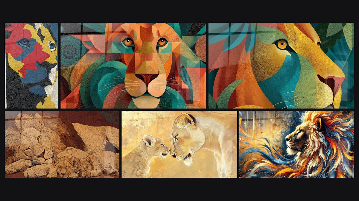 Mosaïque de six tableaux, dont Lion Multicolore aux Traits Gravés, Lionne Lien éternel et Flamme Sauvage