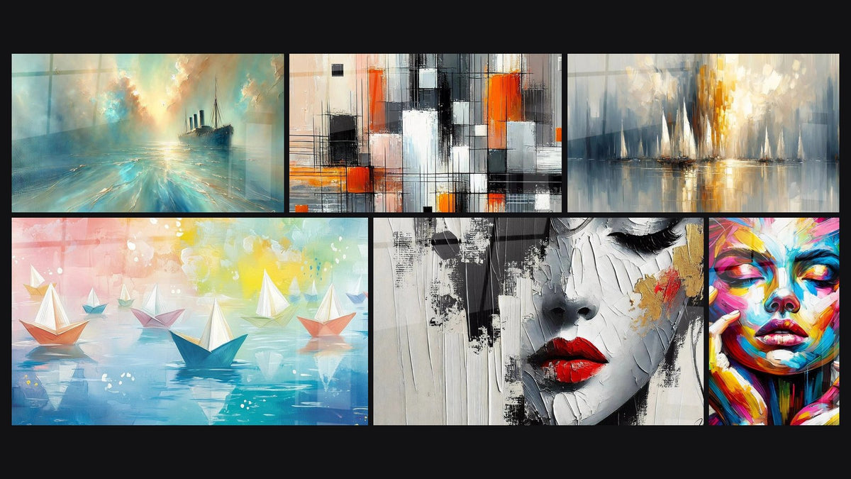 Mosaïque de six tableaux, dont Au Cœur de la Brise, Mécanique des couleurs et Aurore sur la Baie