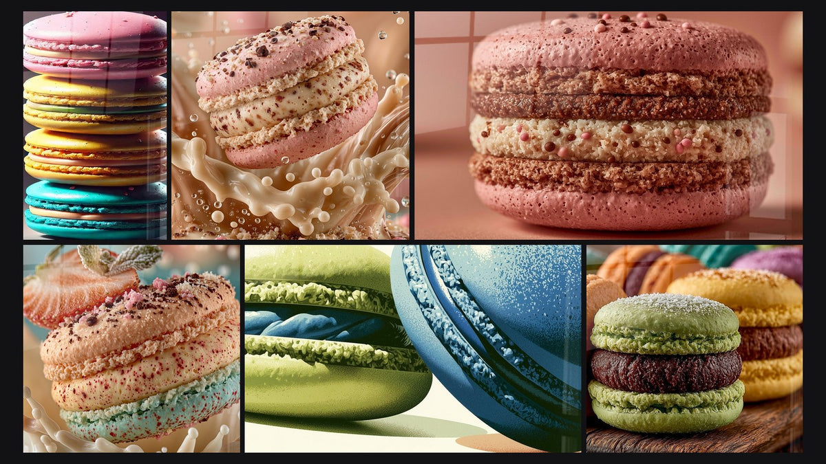 Mosaïque de six tableaux, dont Tour de Macarons, Macaron rose et beige sur vague de lait et Macaron pêche et bleu à la fraise
