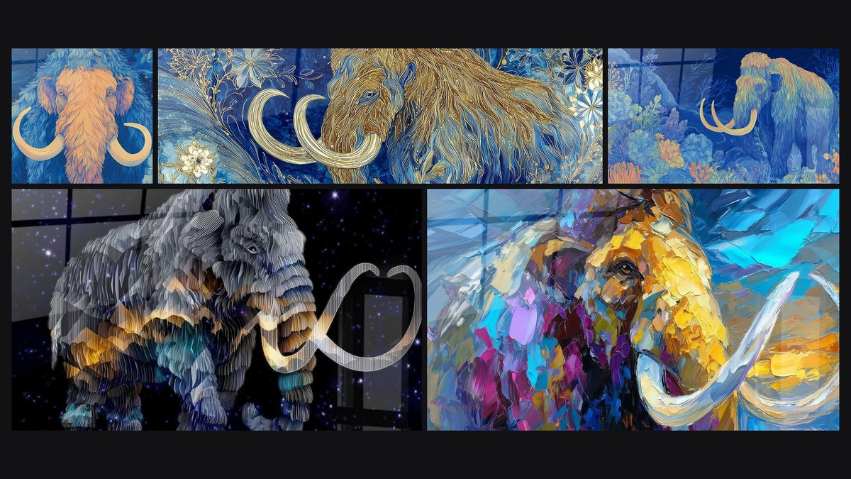 Mosaico di cinque quadri, tra cui Mammut di Tappeto di Lana e Mammut peloso dorato in lana