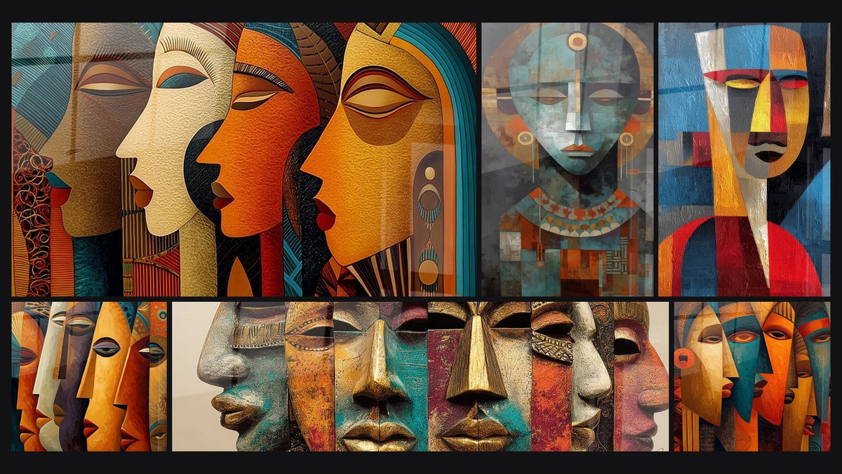 Mosaïque de six tableaux, dont Masques Africains Contemporains, Masques Africains Cubistes et Masque Architecturé