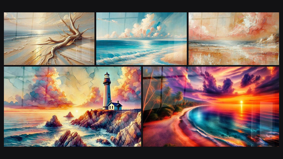 Mosaïque de cinq tableaux, dont Embrassé par la Mer, Sentinelle des Mers et Calme Infini