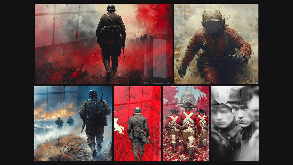 Mosaïque de six tableaux, dont Soldat Brumes Pourpres, Pilote Gardien du Ciel et Soldats Brume Fatale